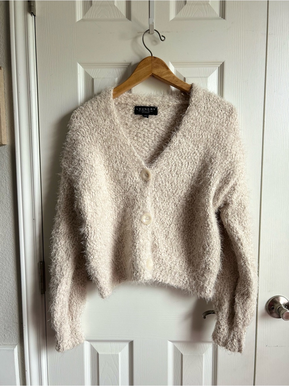 cream button front eyelash cropped cardigan